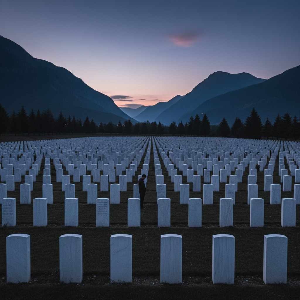 A long shot of the Potočari memorial cemetery at dusk, the endless rows of white pillars fading into the deep blue shado