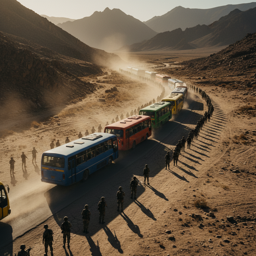 A long, high-angle shot of a line of colorful civilian buses snaking through a dusty mountain pass, flanked by soldiers 
