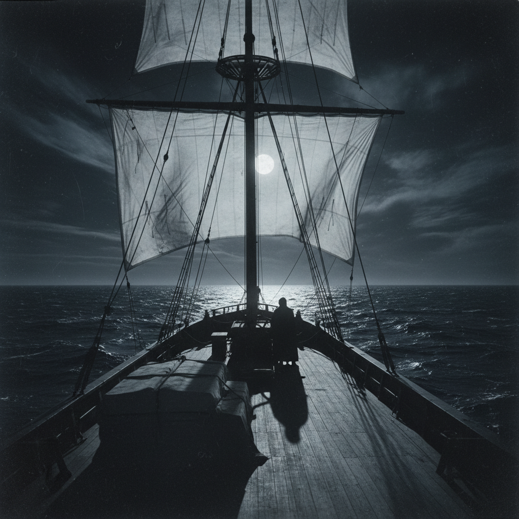 The deck of a coffin ship at midnight, the moon illuminating the ghost-white sails and the endless, dark water that seem