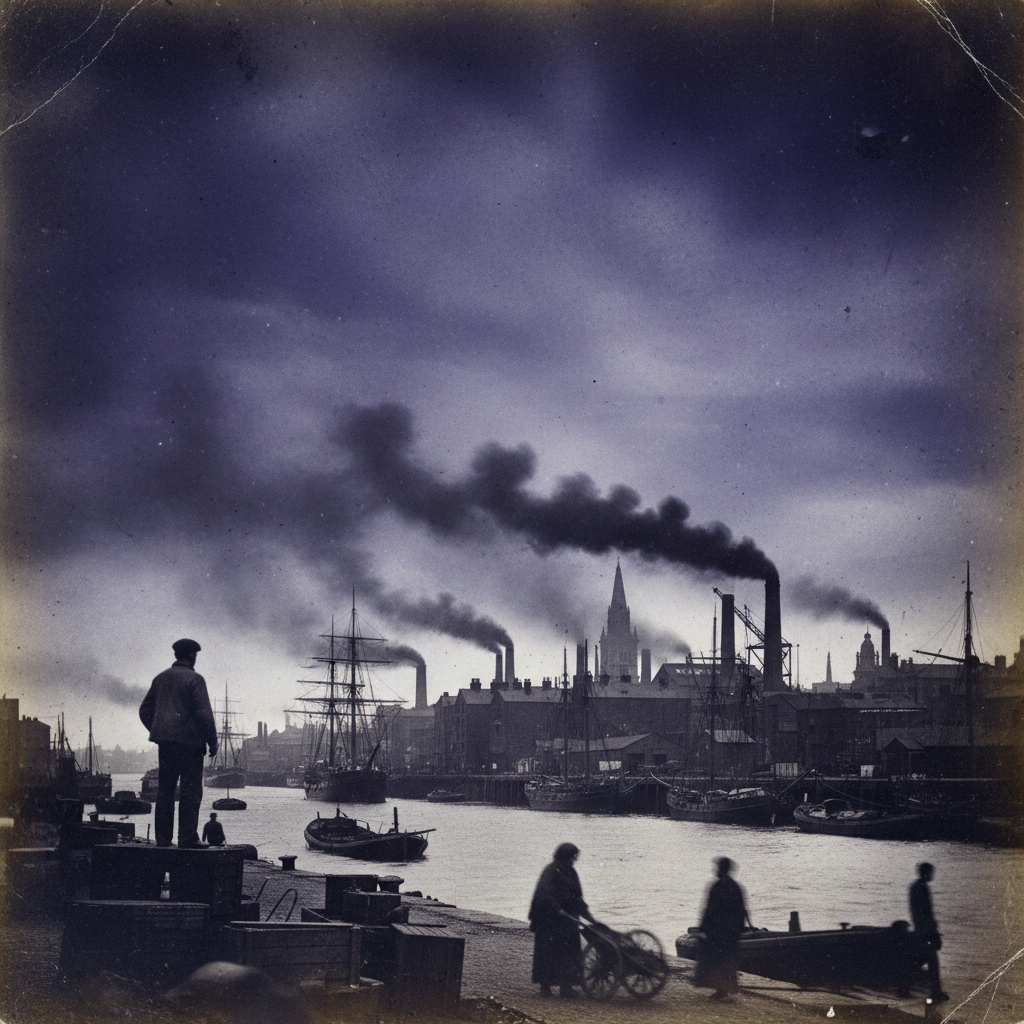 The Liverpool skyline in 1847, a jagged horizon of soot and timber against a bruised, indigo sky.