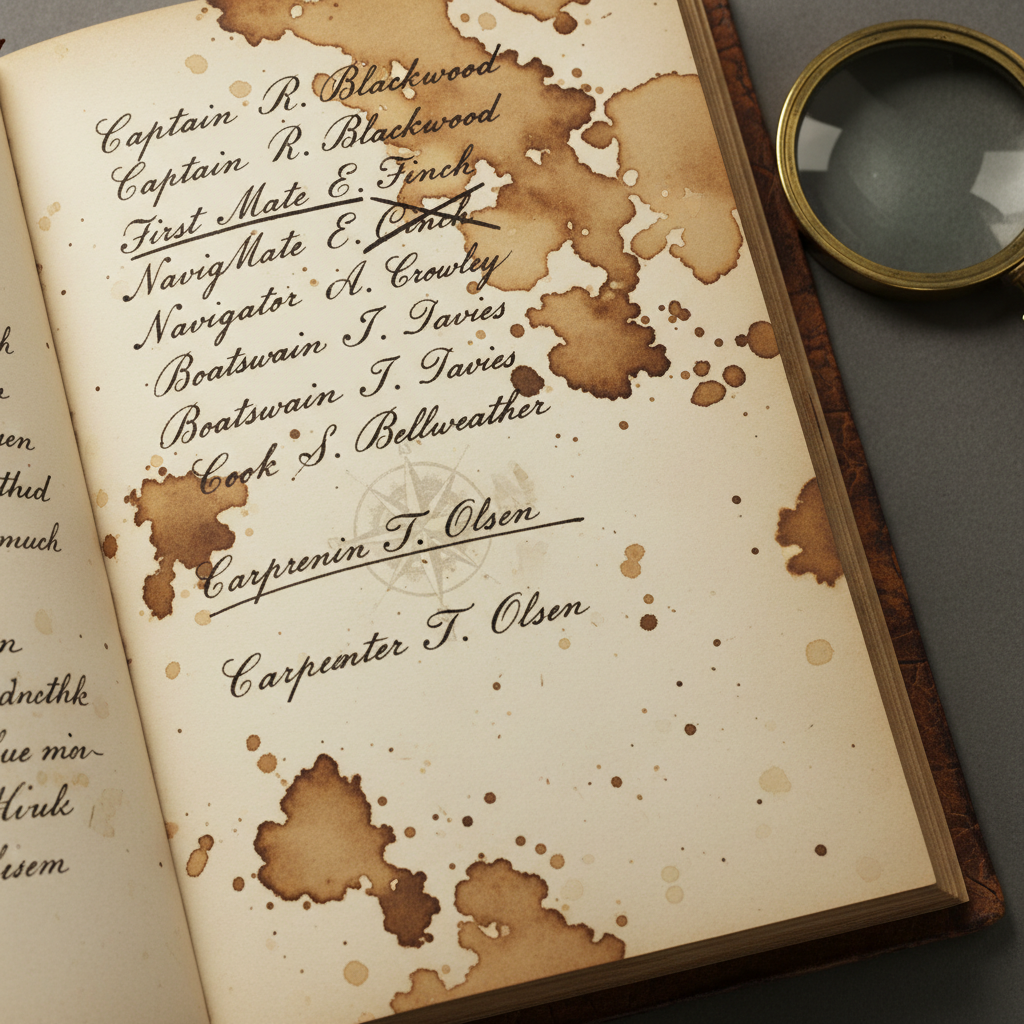 A close-up of a weathered ship's log, the ink bleeding into the damp paper as it records a list of names, some crossed o