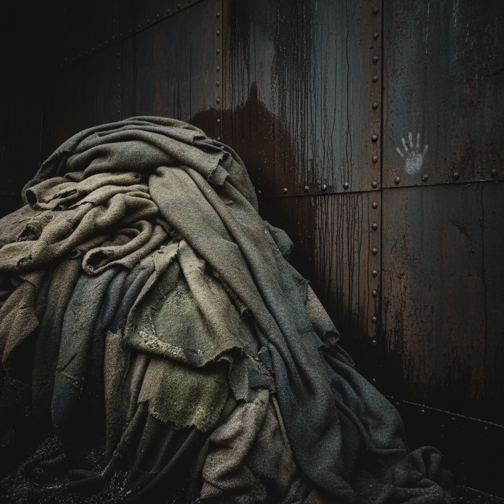 A heap of discarded wool blankets and tattered frieze coats, damp with salt and sickness, piled against a dark, weeping 
