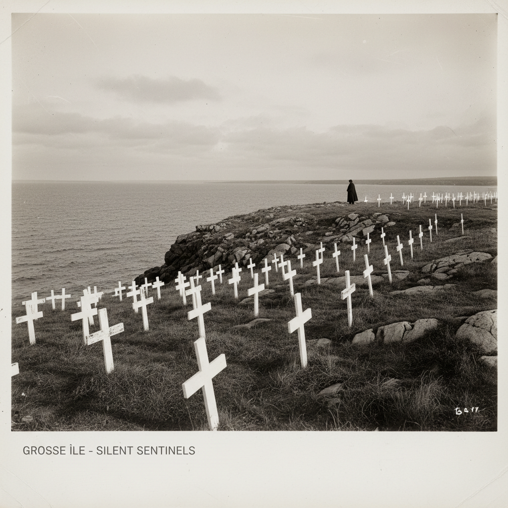 The rocky, desolate shoreline of Grosse Île, white crosses dotting the hillside like teeth under a cold, indifferent sun