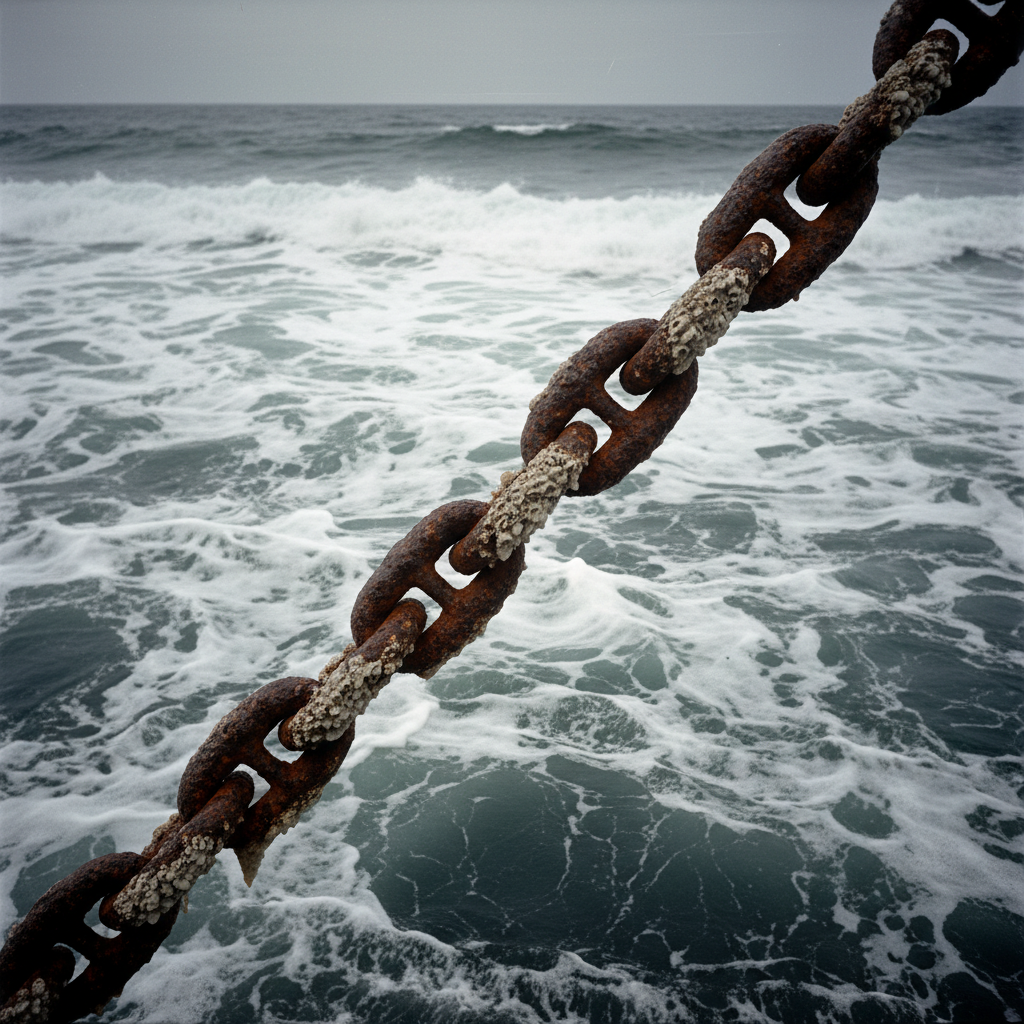 A rusted iron anchor chain disappearing into the grey, churning foam of the North Atlantic, the links encrusted with sal