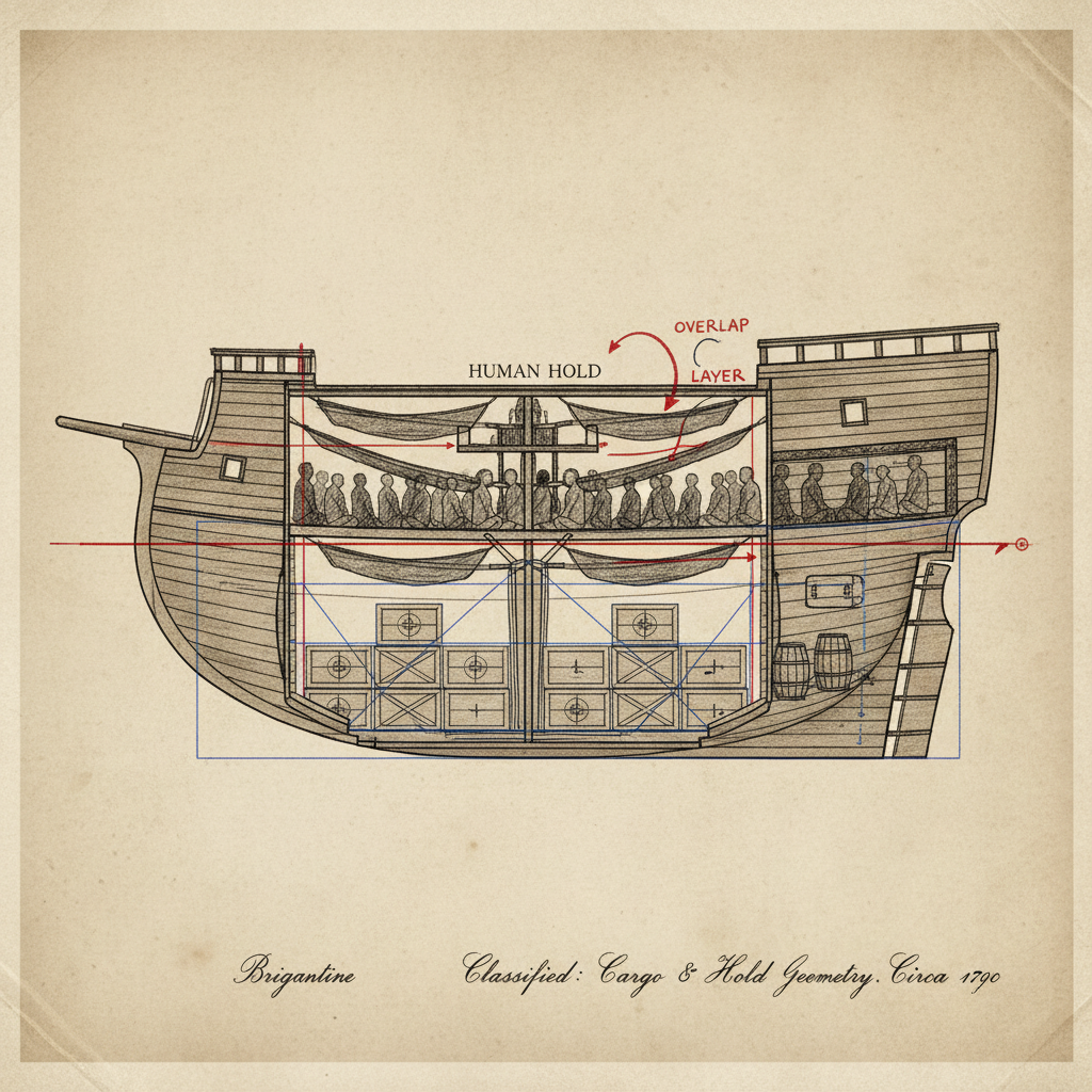 A diagram of a mid-century brig, showing the mathematical precision of the cargo space and the overlapping layers of the