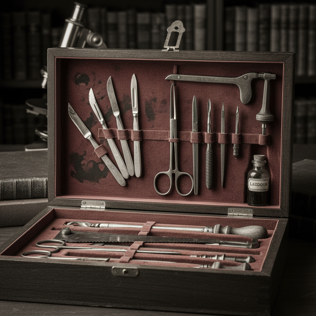A medical kit from 1847, silver scalpels resting on stained velvet inside a mahogany box, the metal reflecting a cold, c