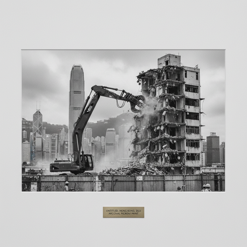 A grainy photograph of the demolition in progress, showing a massive hydraulic claw tearing into a jagged, multi-layered