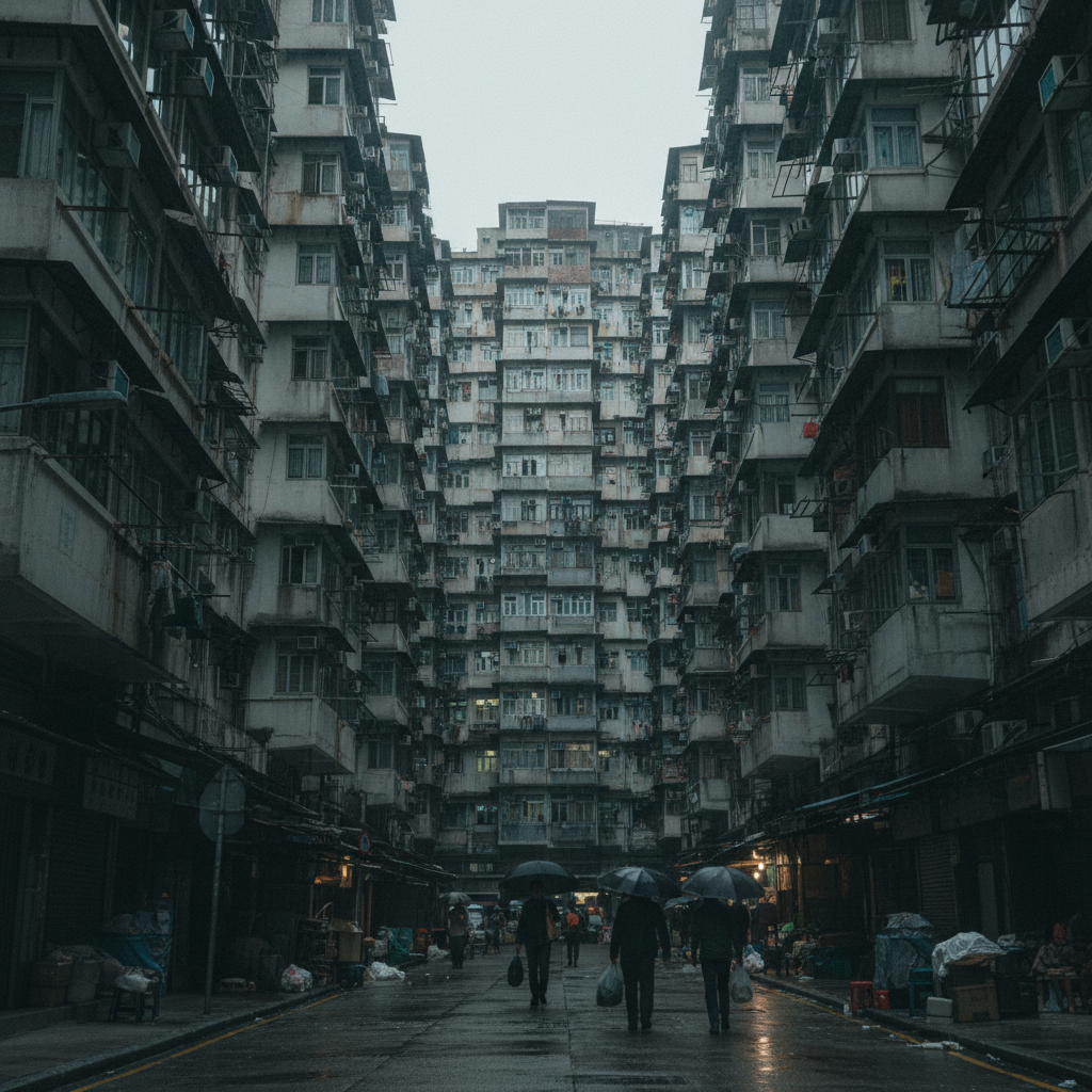 A wide, low-angle shot of the Kowloon Walled City from the street, showing the sheer, windowless mass of the buildings r