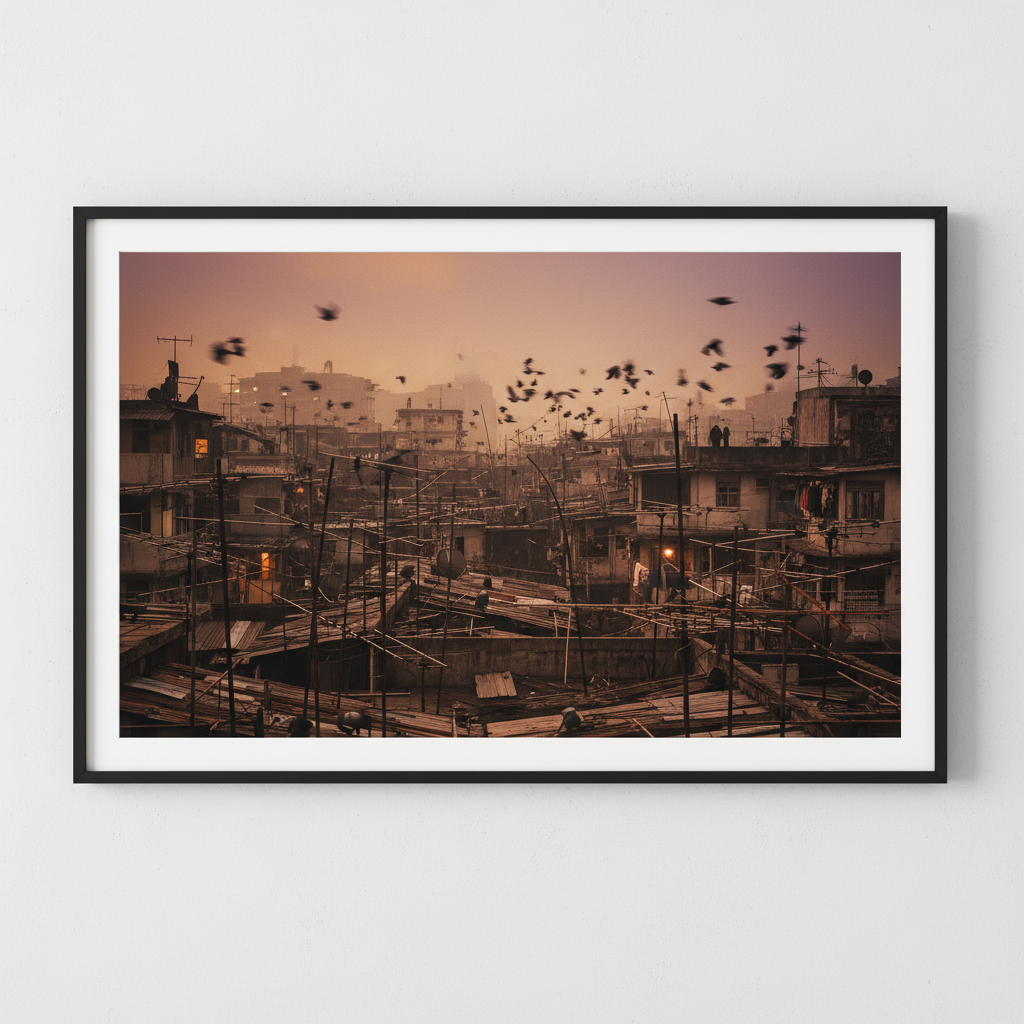 A view across the rooftops of the Walled City, showing a chaotic forest of television antennas and pigeons flying agains