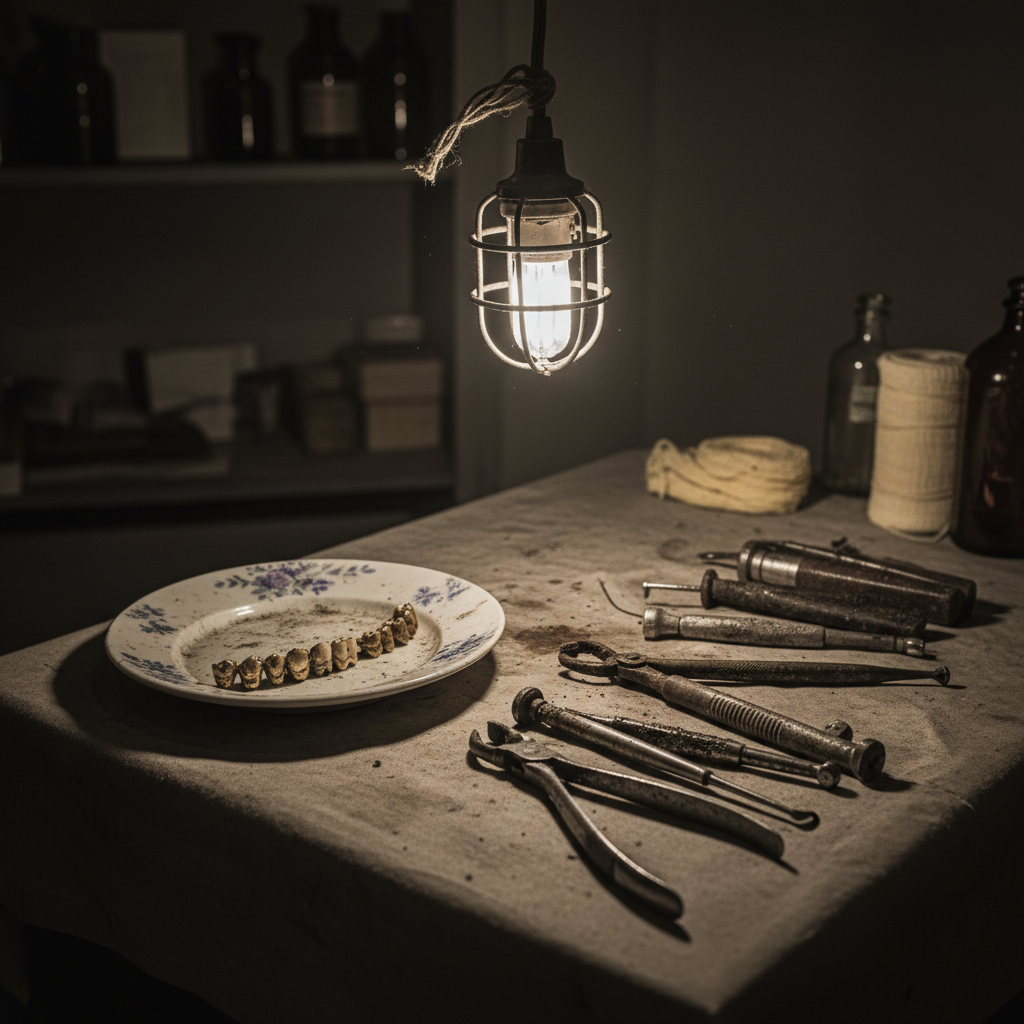 A close-up of an unlicensed dentist’s workspace, featuring rows of gold teeth and rusted dental tools under a harsh, fli