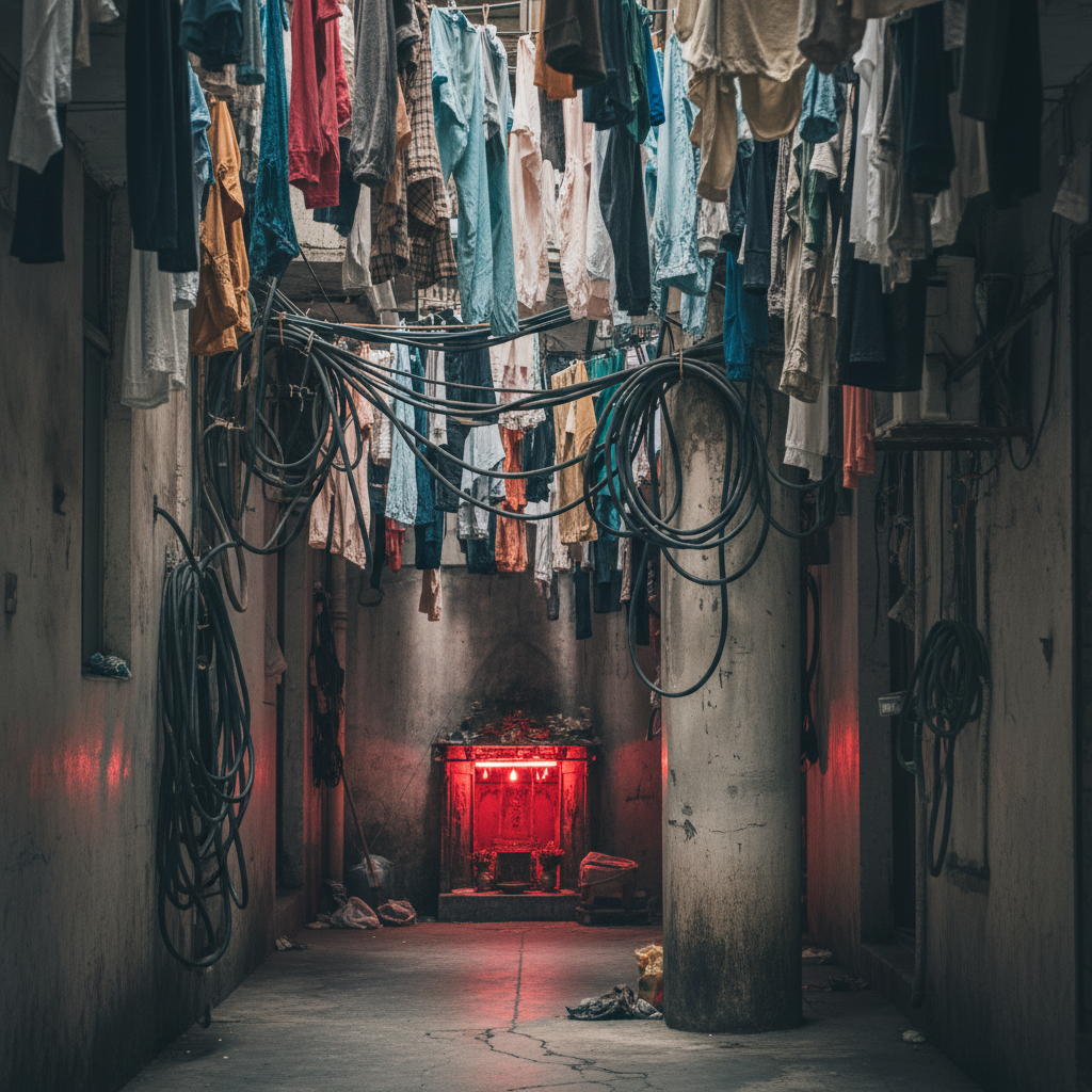 A narrow, claustrophobic hallway packed with hanging laundry, tangled electrical wires, and a small, glowing red shrine 