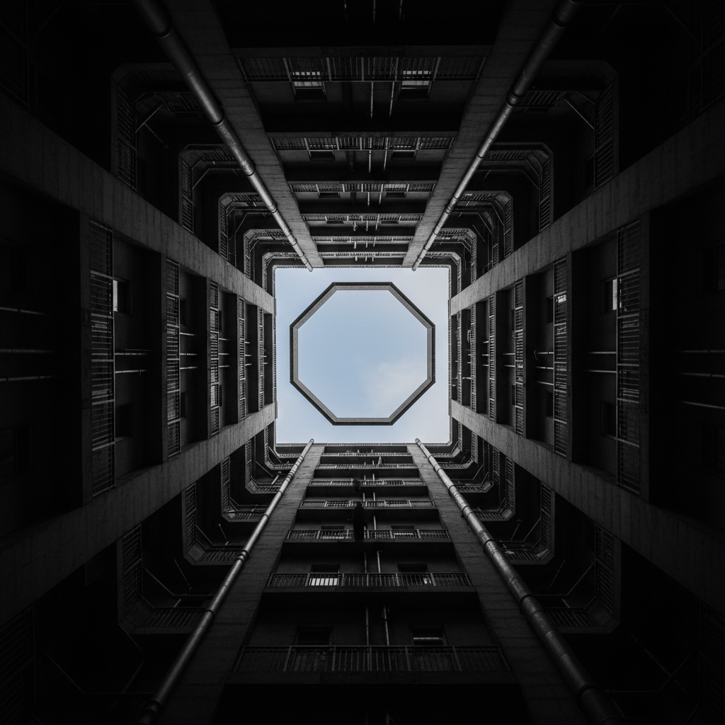 Looking straight up from the central courtyard (Yamun), the sky appears as a small, distant geometric shape framed by th