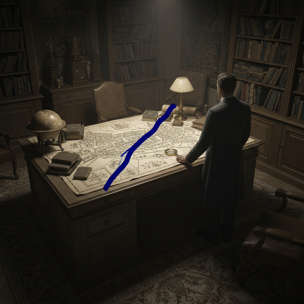 A dimly lit study in the Tuileries, the shadows long and heavy, a thick blue line slashing across an ancient, intricatel