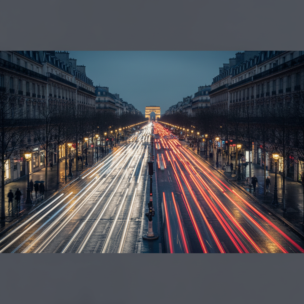 A modern evening on a Parisian boulevard, the lights of cars blurring into long red and white streaks against the limest