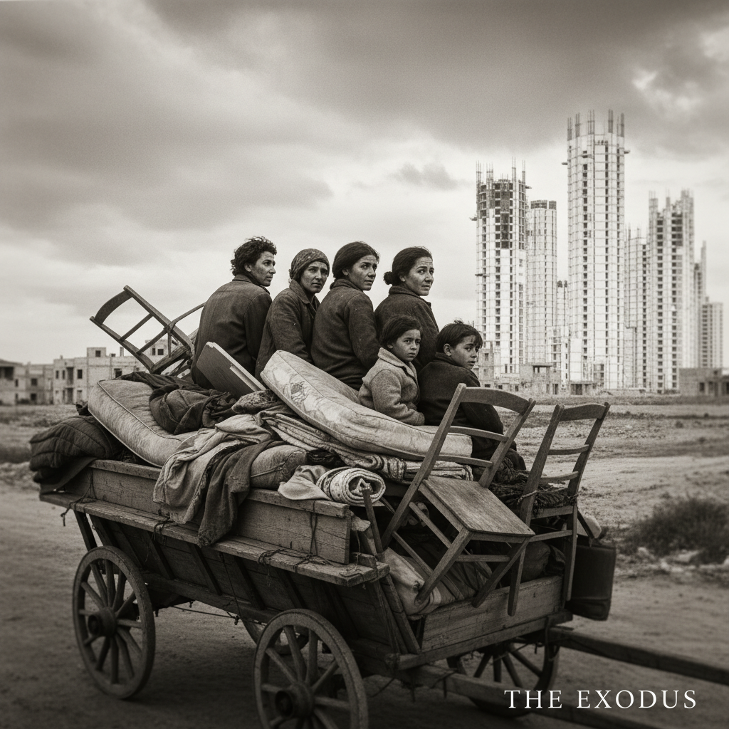 A group of displaced families huddled on a cart piled with mattresses and chairs, looking back at the rising white skele