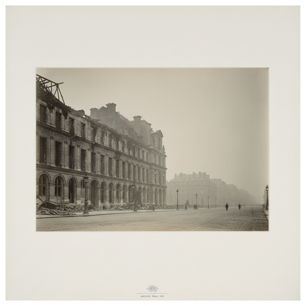 The charred ruins of the Tuileries Palace, its windows like hollow eyes, framed by the wide, empty perspective of a smok