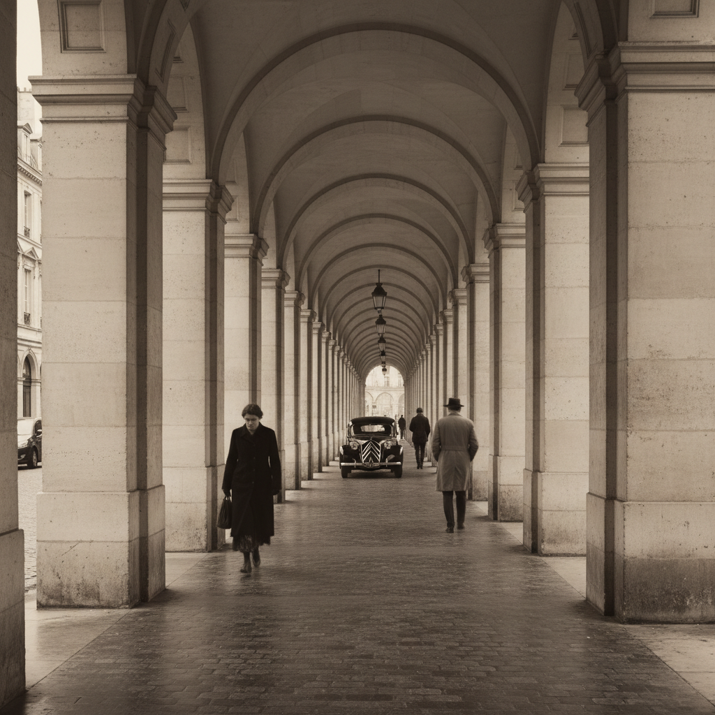 A perspective view down the Rue de Rivoli, where the endless, identical arches of the buildings create a tunnel of stone