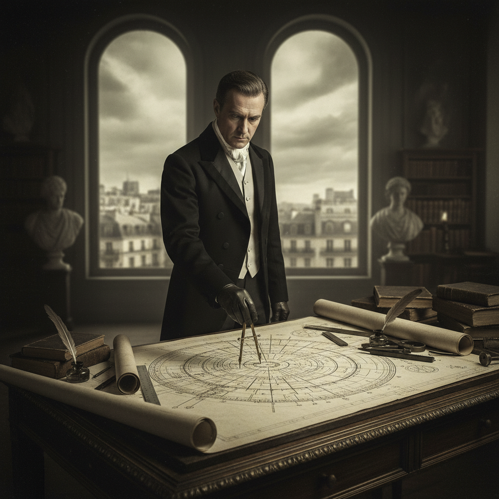 Baron Haussmann in a sharp black frock coat, standing over a massive blueprint, his hand resting on a brass compass as i