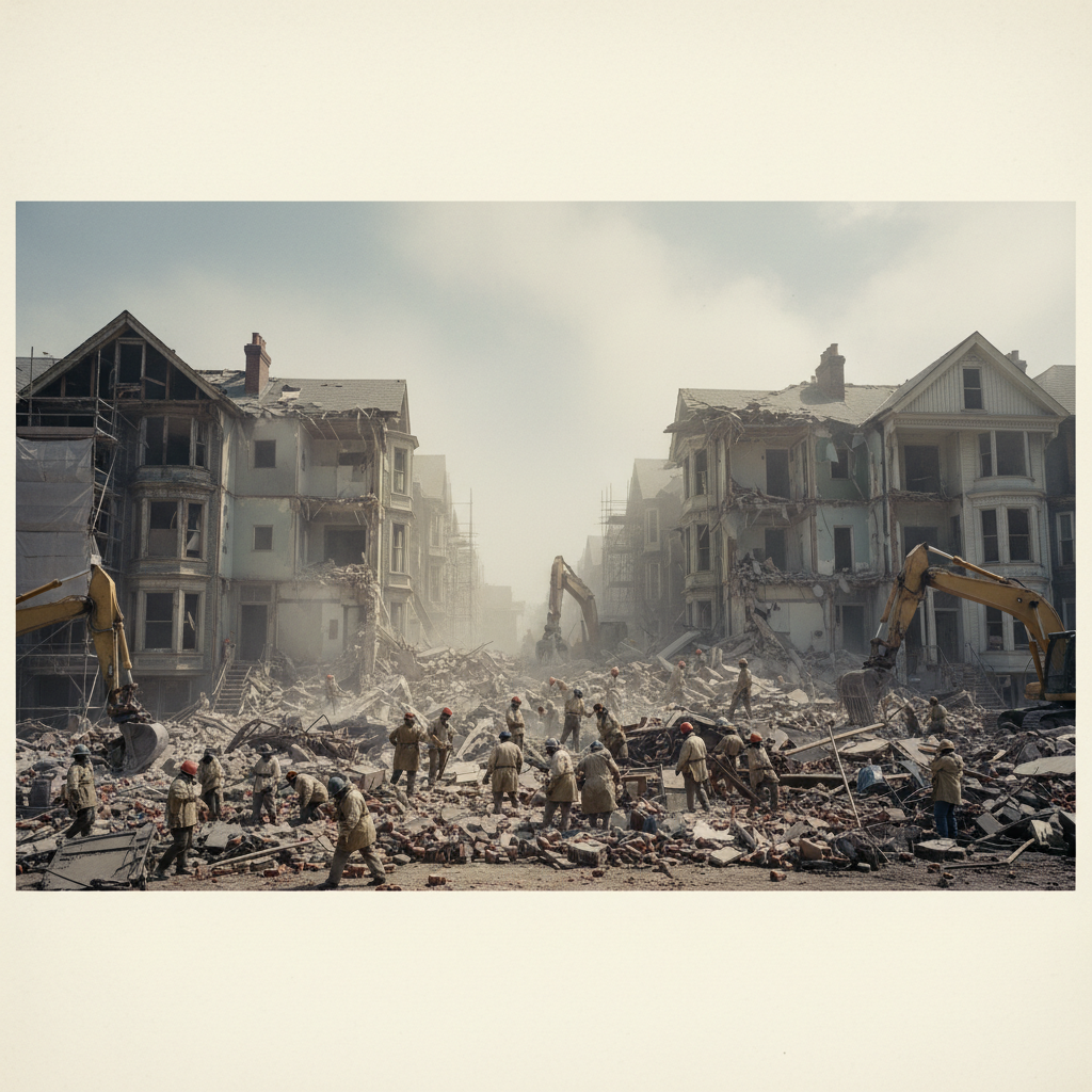 A panoramic view of a demolition site, where the skeletons of old houses stand exposed against a sky choked with white p