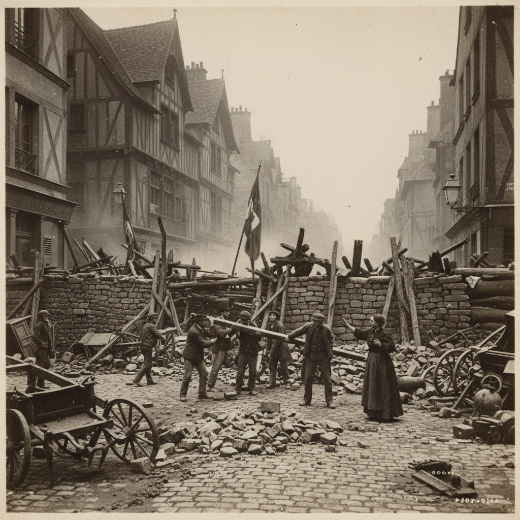 A chaotic street scene from the 1848 revolution, where massive piles of paving stones and broken carriages form a jagged