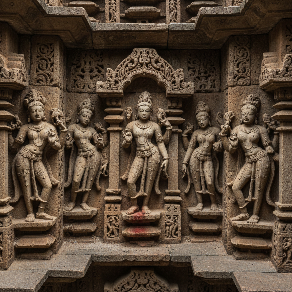 Close-up of intricate stone carvings on the side of a stepwell wall, showing Hindu deities and celestial dancers with vi