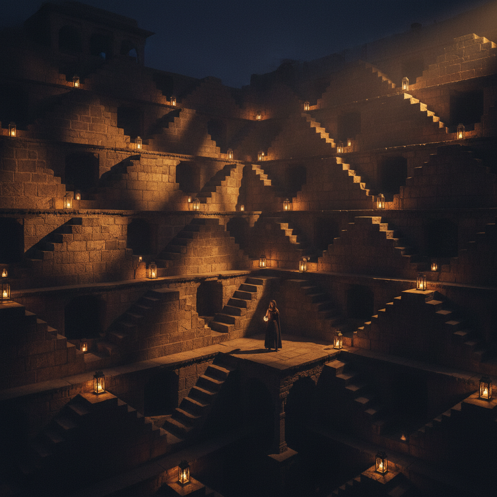 A night view of a stepwell illuminated by candles or soft spotlights, highlighting the dramatic shadows of the stairways
