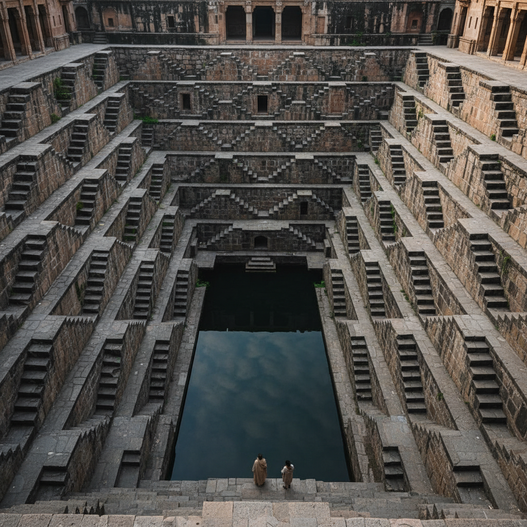 A wide, high-angle shot looking down into the dizzying, symmetrical zig-zag stone steps of Chand Baori, the water at the
