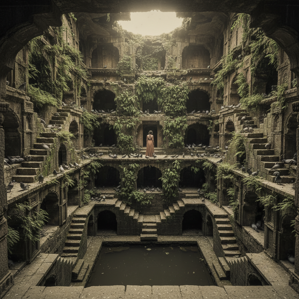 A long shot of a neglected, partially ruined stepwell with greenery growing between the stones and pigeons roosting in t