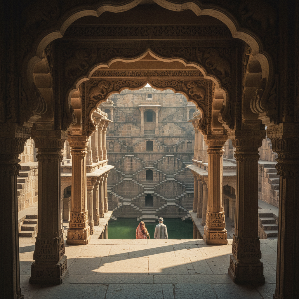 Looking through a massive, ornate stone archway of a Rajasthani stepwell toward a series of descending platforms and col