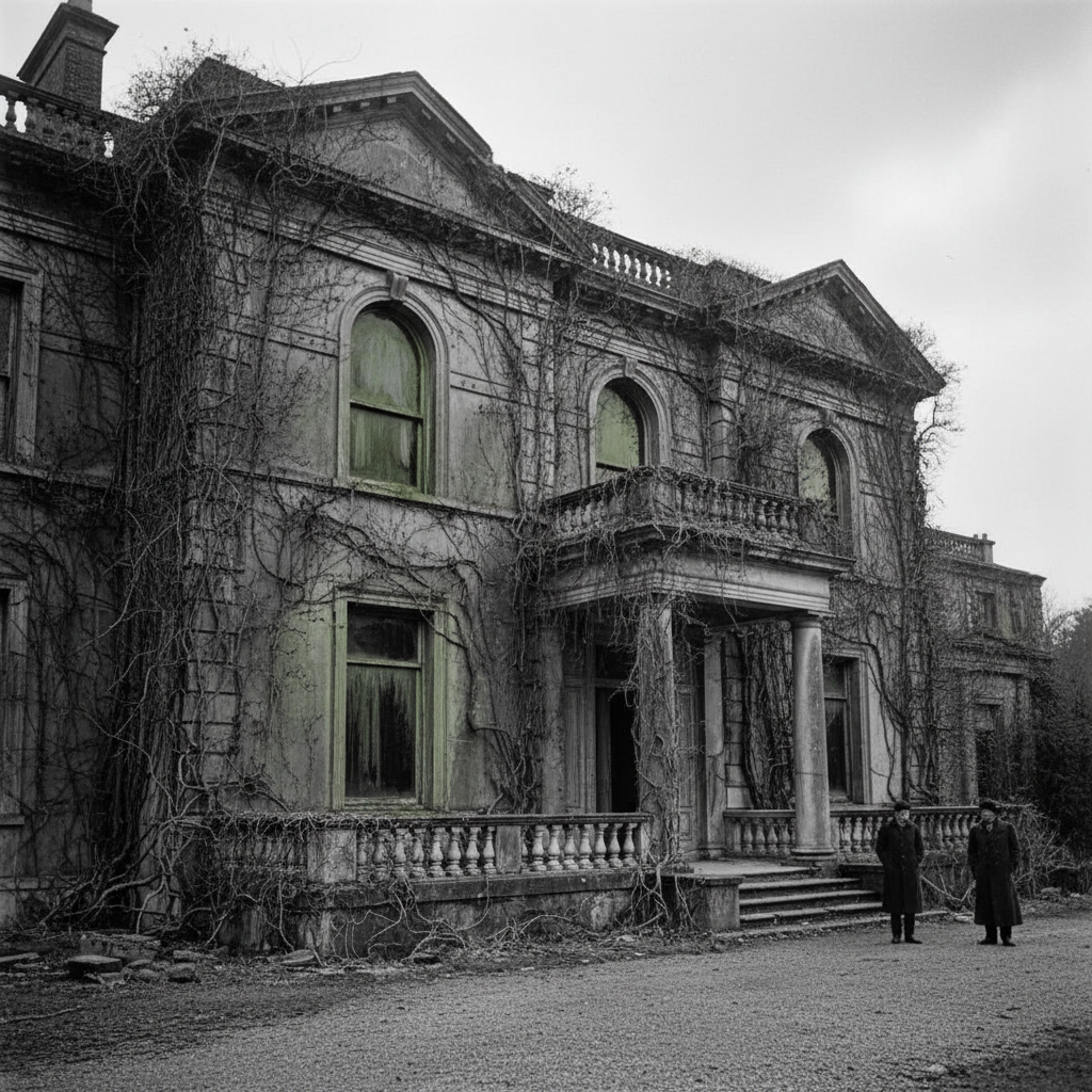A wide shot of a crumbling Neo-Classical mansion facade on The Bishops Avenue, overgrown with ivy, its grand windows opa