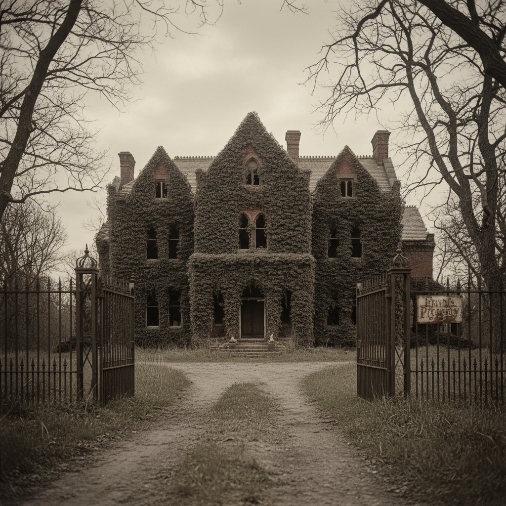 A final view of the mansion from the end of the driveway, the red-brick facade almost entirely obscured by a shroud of d