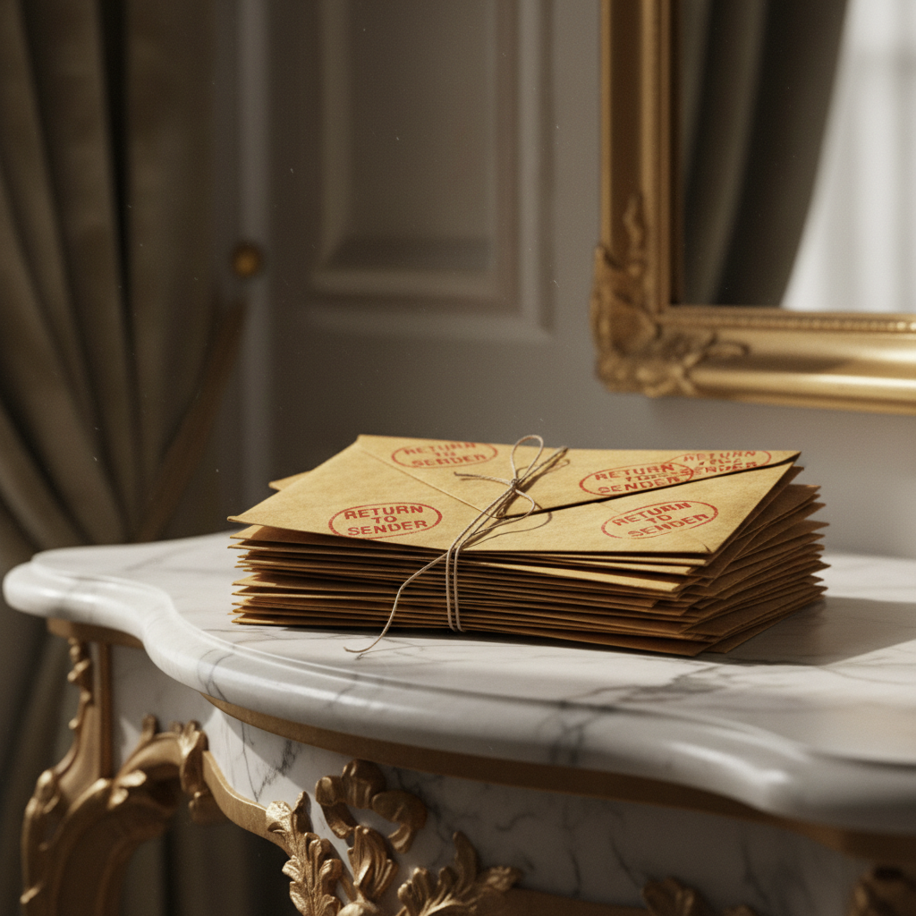 A close-up of a stack of unopened, yellowed mail on a marble console table, the envelopes curled by humidity and marked 