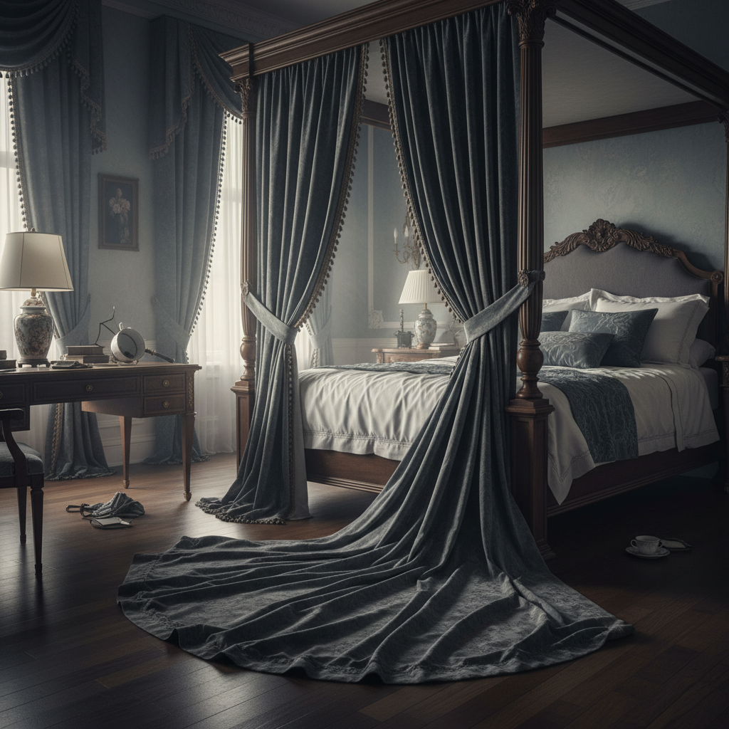 A wide shot of the master bedroom, where the heavy velvet curtains have partially collapsed from the rod, pooling on the