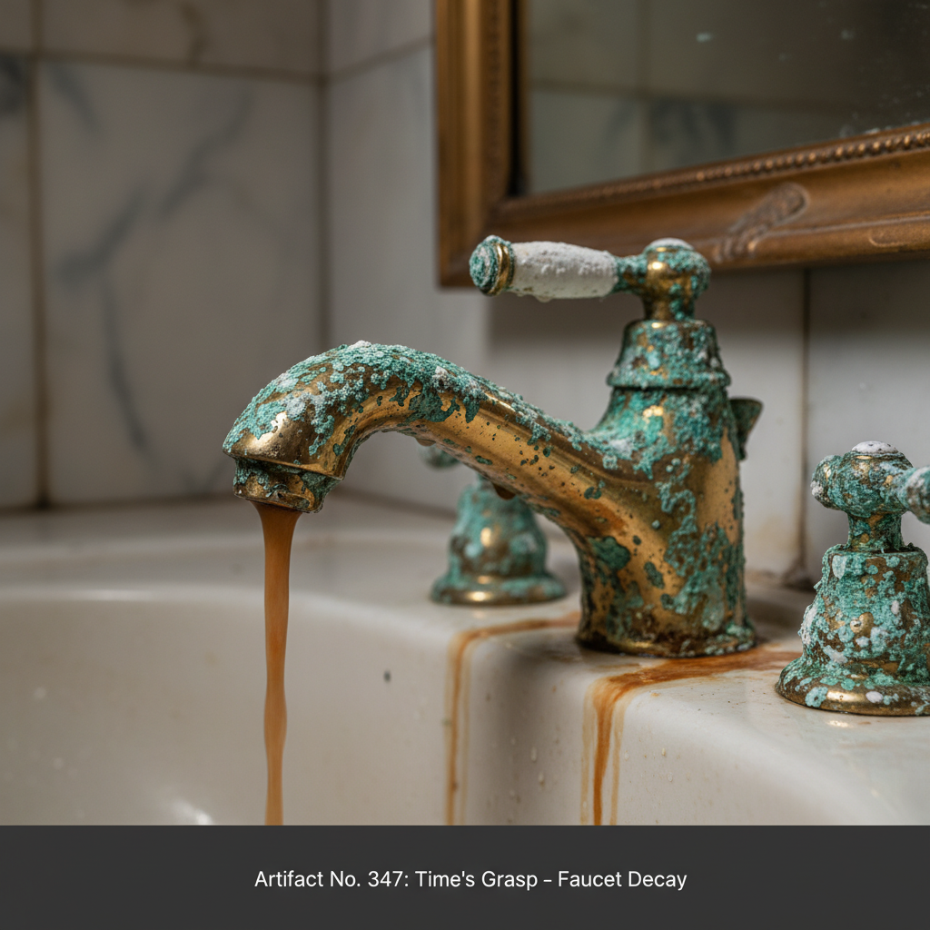 Close-up of a gold-plated bathroom faucet covered in a thick layer of green verdigris and white mineral deposits.
