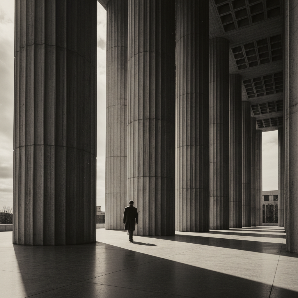 A dramatic low-angle shot of the Yale Art and Architecture Building, its ribbed concrete columns casting long, geometric