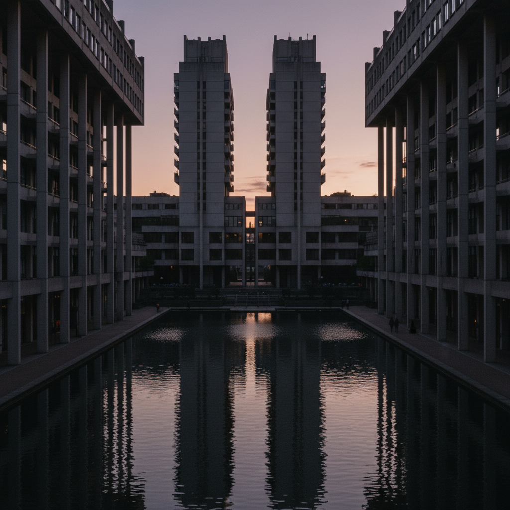 An aerial view of the Barbican Estate in London, its towers rising like jagged teeth against a bruised purple sunset, th