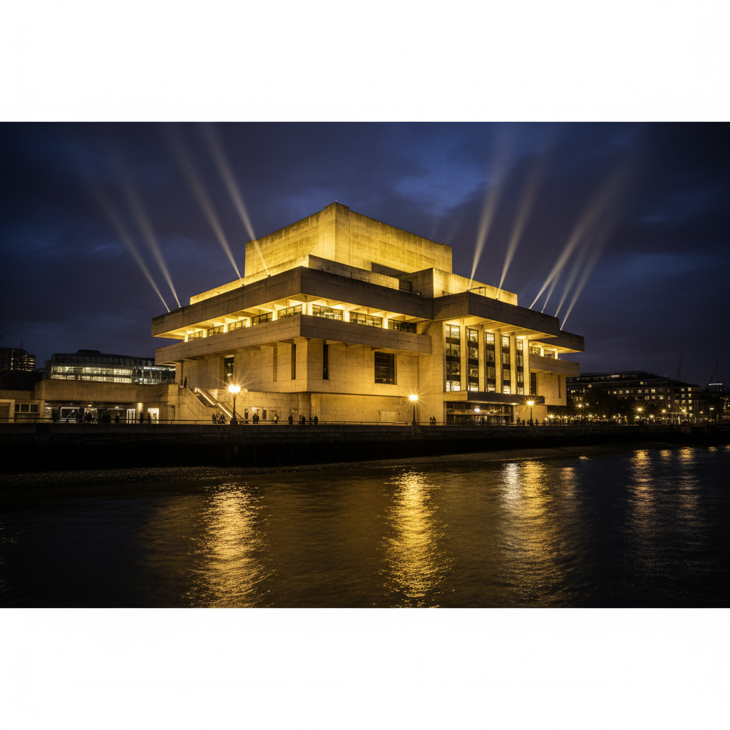 A low-angle shot of the National Theatre in London at night, its various levels and terraces illuminated by harsh yellow