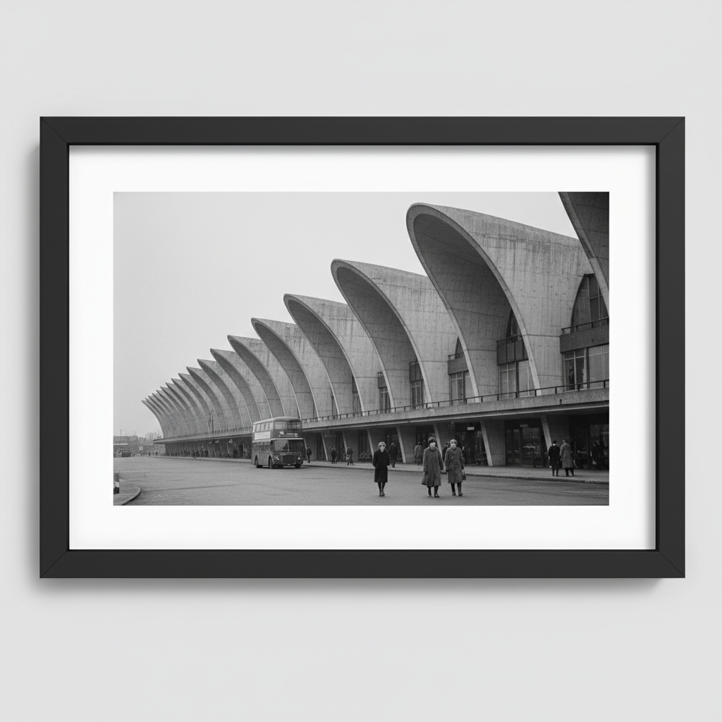 The Preston Bus Station in England, its curved concrete fins resembling the gills of a massive, fossilized fish, sweepin