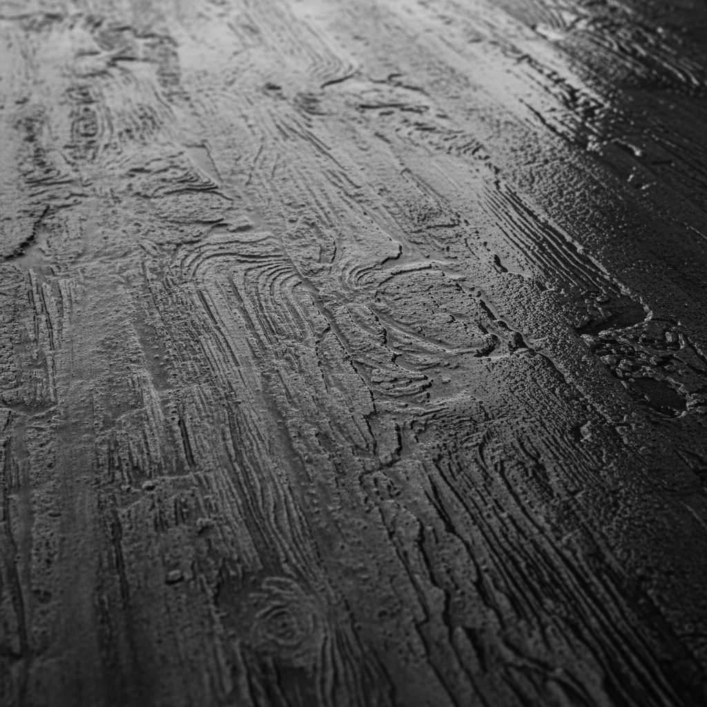 A black and white close-up of board-marked concrete, showing the deep, fossilized grain of the timber used in the mold, 