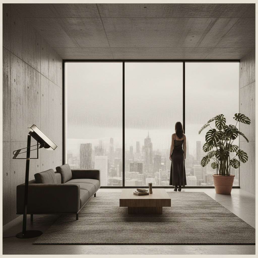 A modern penthouse interior in a Brutalist building, with minimalist furniture, a large green plant, and a floor-to-ceil
