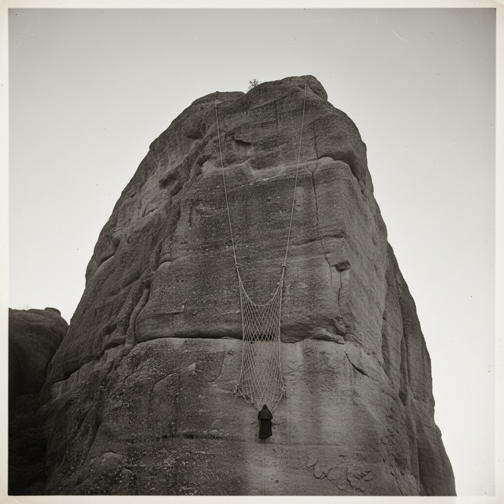 A low-angle shot of the sheer grey rock face of Meteora, with a small rope net dangling halfway down the cliff against a