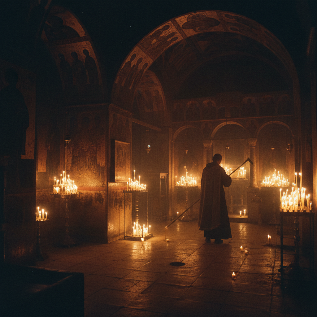 An interior shot of a candlelit chapel, gold-leaf icons reflecting the flickering orange light against walls darkened by