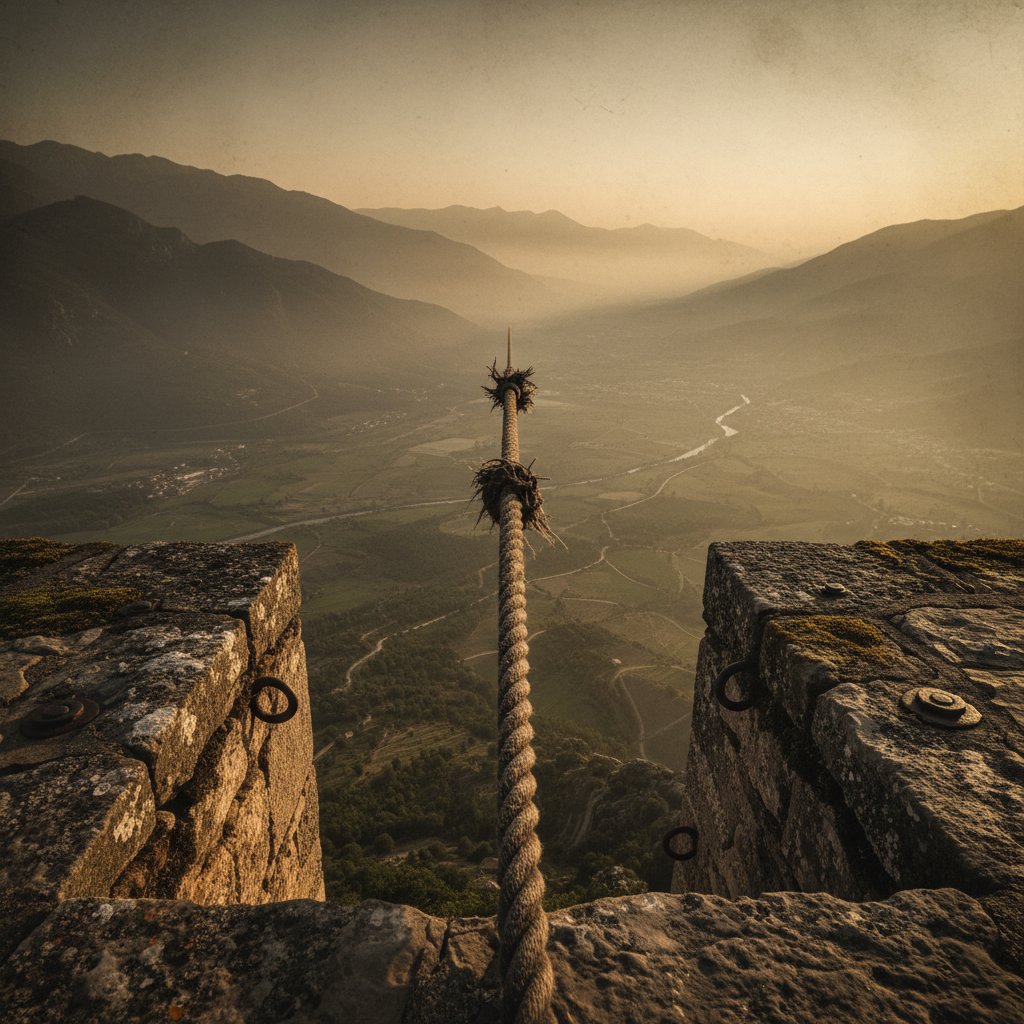 A view looking straight down from the edge of the monastery wall, the rope stretching down into the hazy, green-gold dep