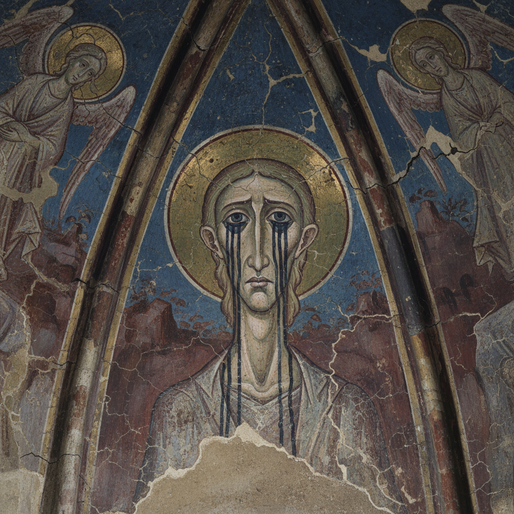 A close-up of a weathered fresco on a vaulted ceiling, depicting a saint with elongated features and dark, weeping eyes.