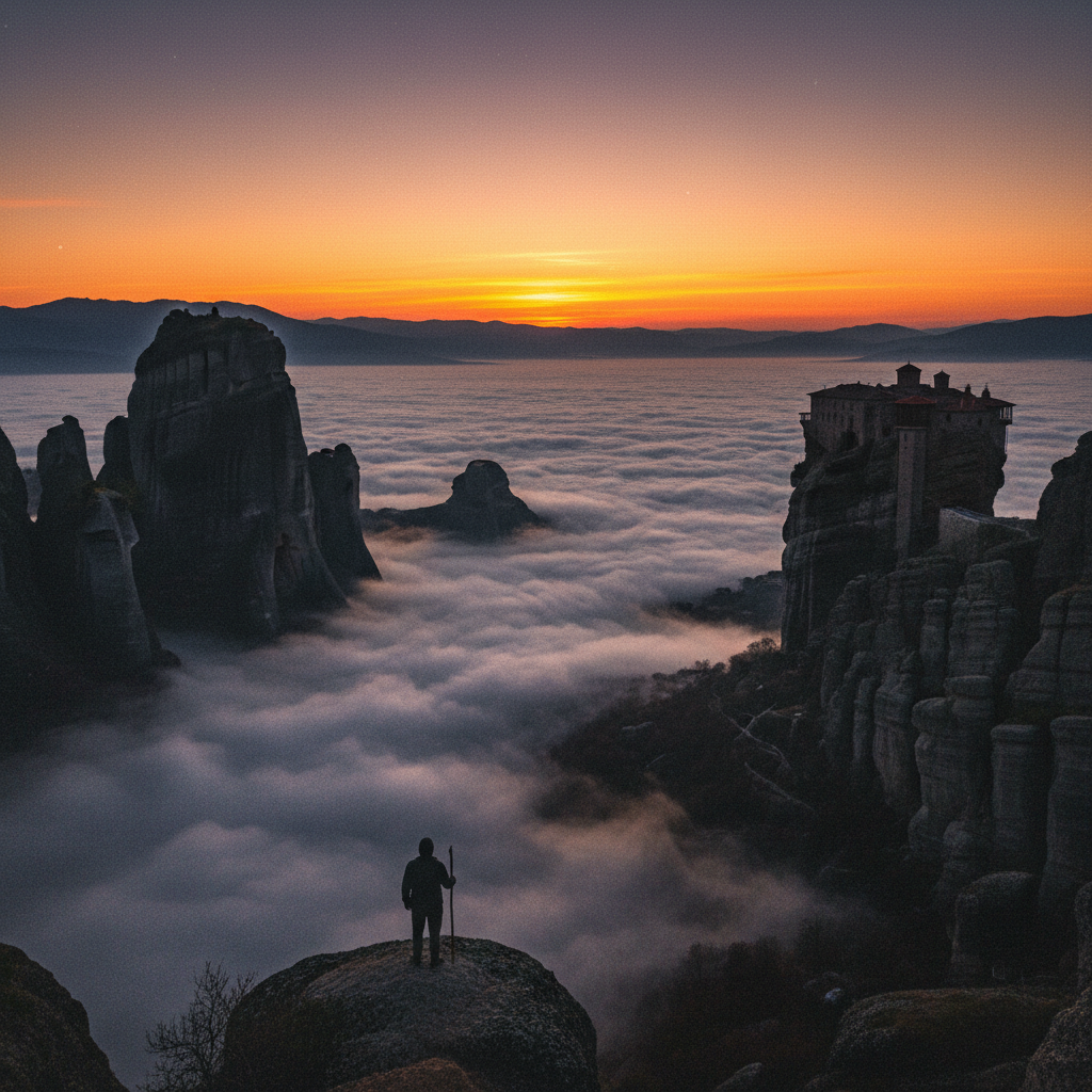 A wide shot of the monasteries at sunset, the rock pillars appearing as dark silhouettes floating above a sea of white m