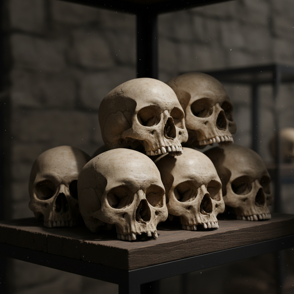 A close-up of a stack of weathered human skulls on a dark wooden shelf, the light catching the smooth curve of the bone.