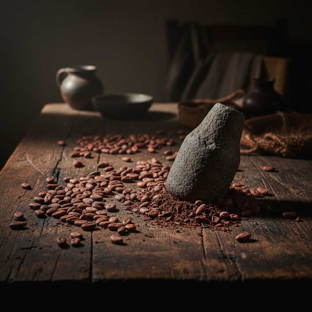 A close-up of a scarred wooden table in a dimly lit room, scattered with dark, fermented cacao beans and a heavy stone p