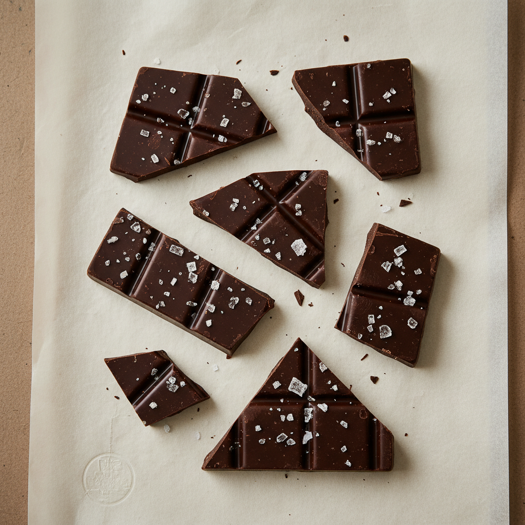An overhead shot of a modern artisan chocolate bar, broken into jagged shards, resting on a piece of heavy, cream-colore