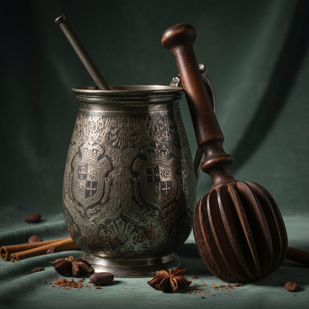 A close-up of an ornate silver chocolatera, its surface tarnished and etched with crests, resting beside a hand-carved