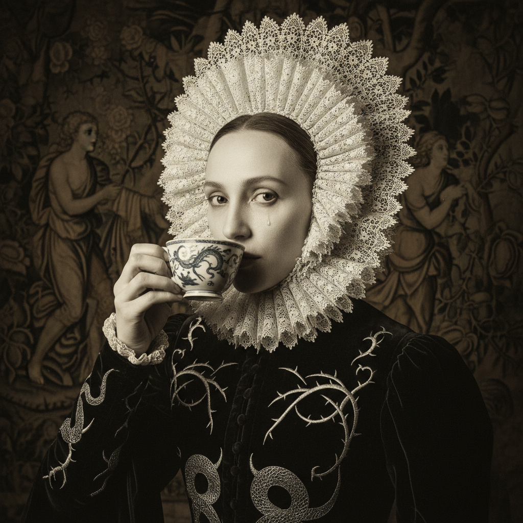 A portrait of a 17th-century noblewoman in a high lace collar, her face pale and sharp, holding a small, delicate porcel